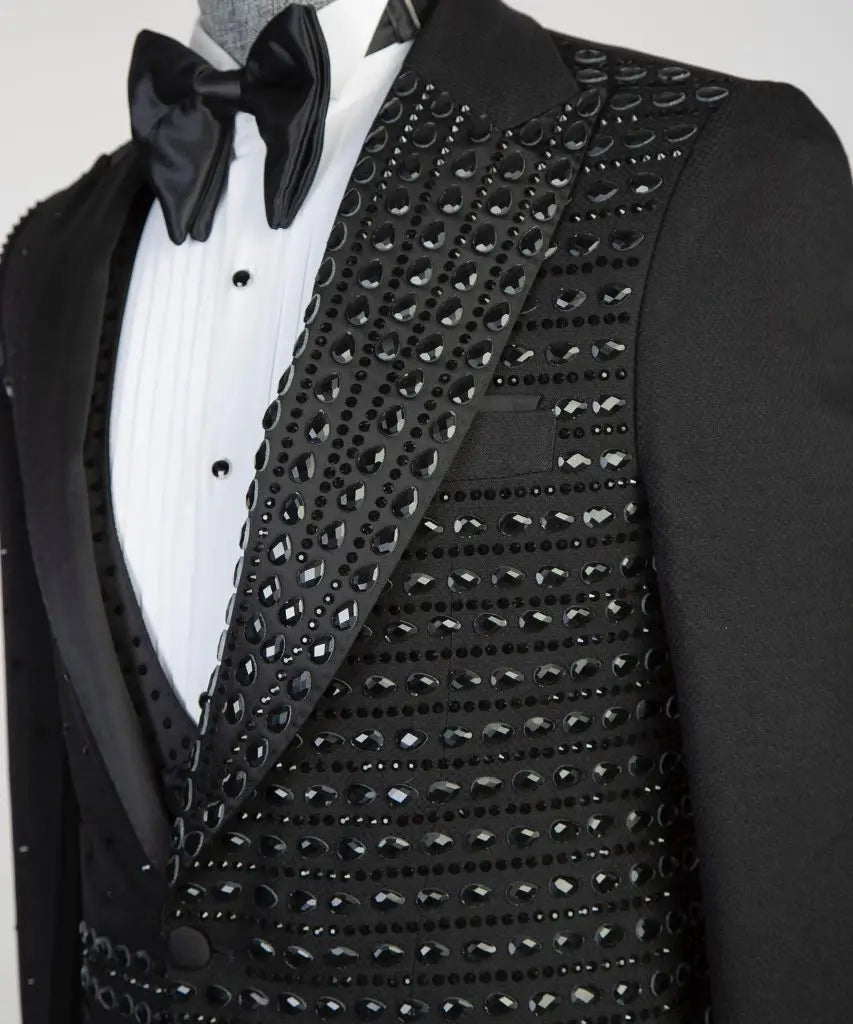Crystals Men Suit Set 2 Pieces Black Blazer+Straight Pants Trouser Formal Office Jacket Coat Wedding Groom Tuxedo Customized