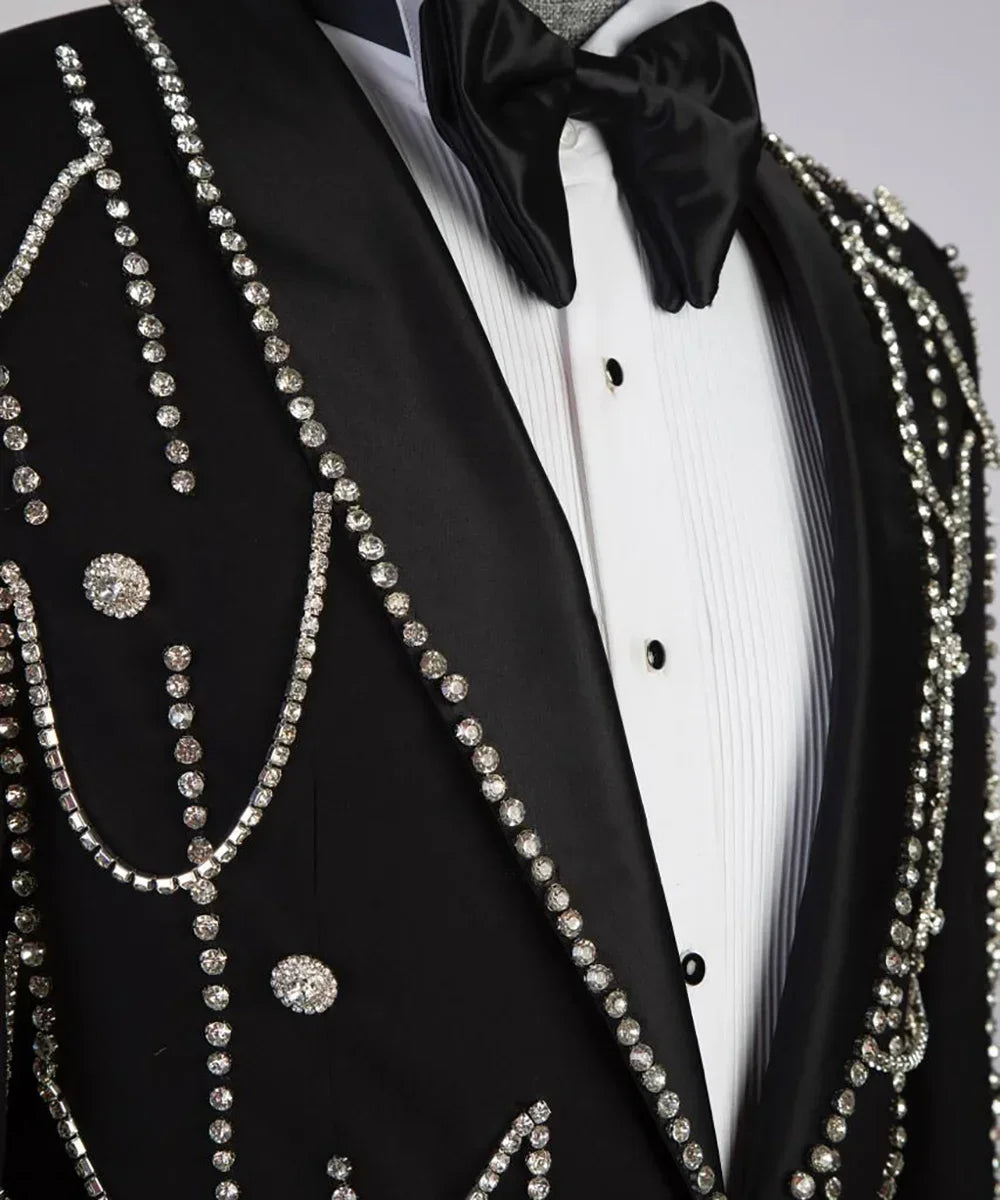 Luxury Men Wedding Suits Shawl Lapel Single Breasted Crystal Chain Tuxedos Groom Party 2 Pcs Blazer Pants Customized