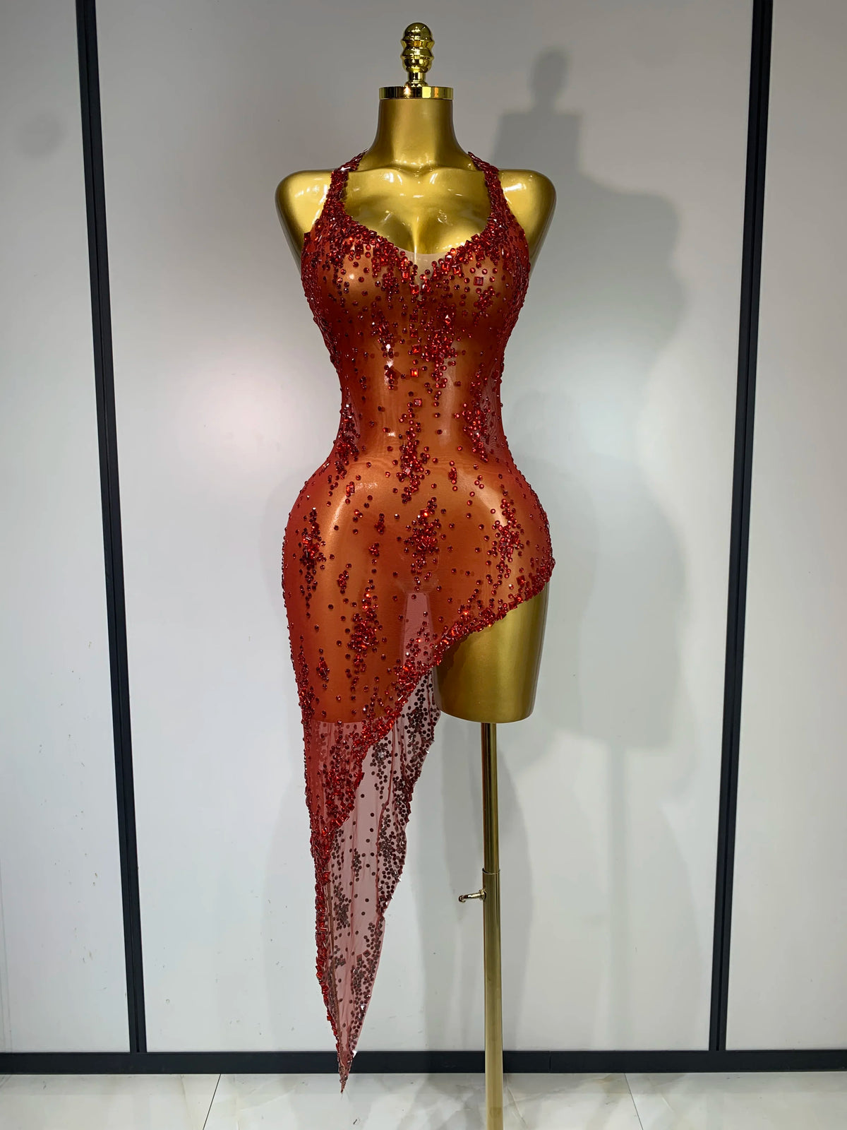 Sparkly Crystal Diamond Gold Sexy See-Through Sheath Dress Nightclub Performance Custom Stage Wear Birthday Evening Party Dress