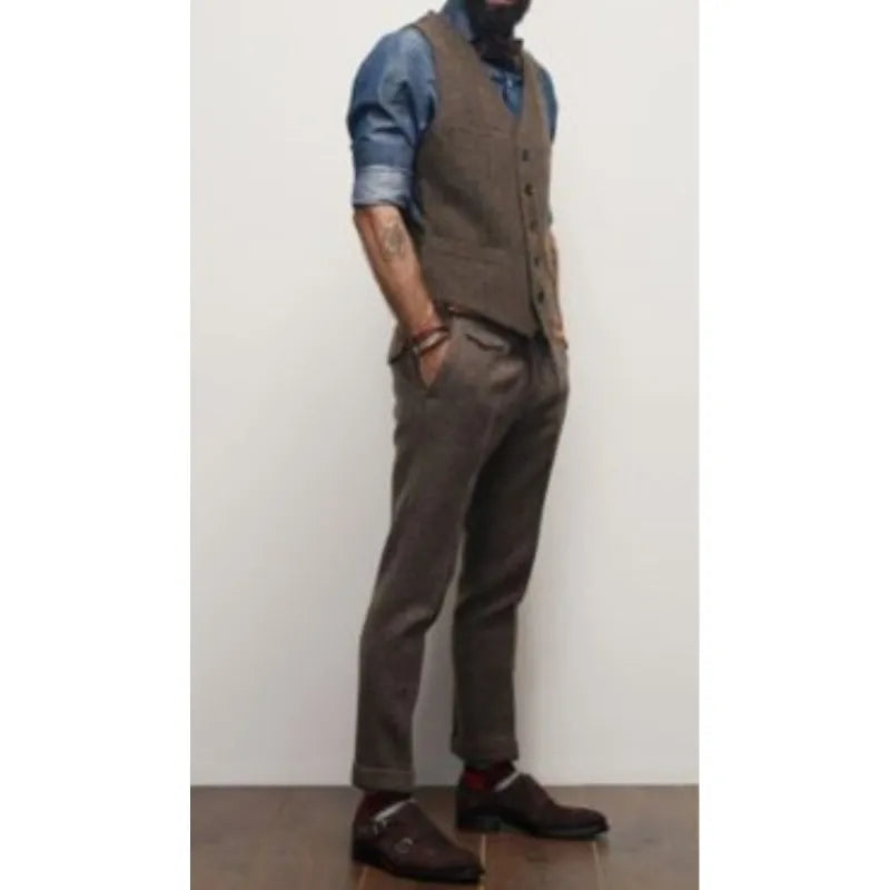 (Jacket+Vest+Pants) Smoking Winter Men's Suits Groom Wedding Dress Herringbone Pattern Tweed Slim Fit Fashion Blazer Men Clothin