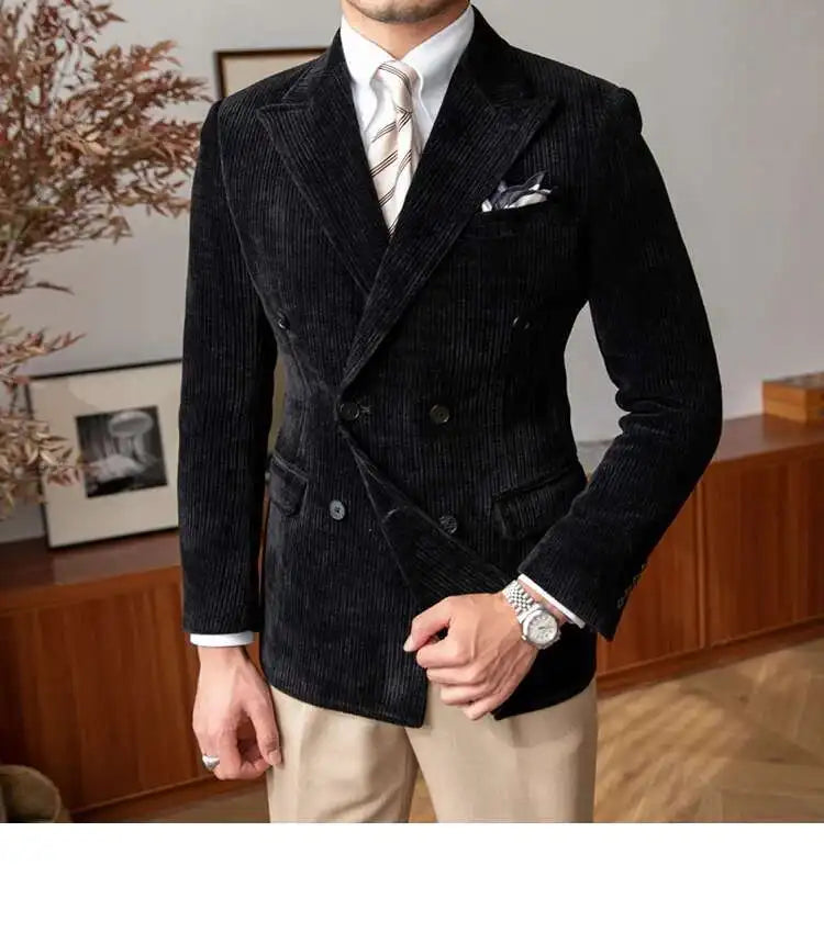 AutumnCasual Striped Jacket Men Blazer Masculino Blazer Hombre Italian Style Double Breasted Blazer Men Lapel Colla Blazer Homme