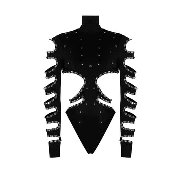 Nuevo estilo, mono negro sexy con cristales y aberturas para mujer, mono de cuello alto de manga larga, ropa de club, disfraces para cantantes de estrellas.