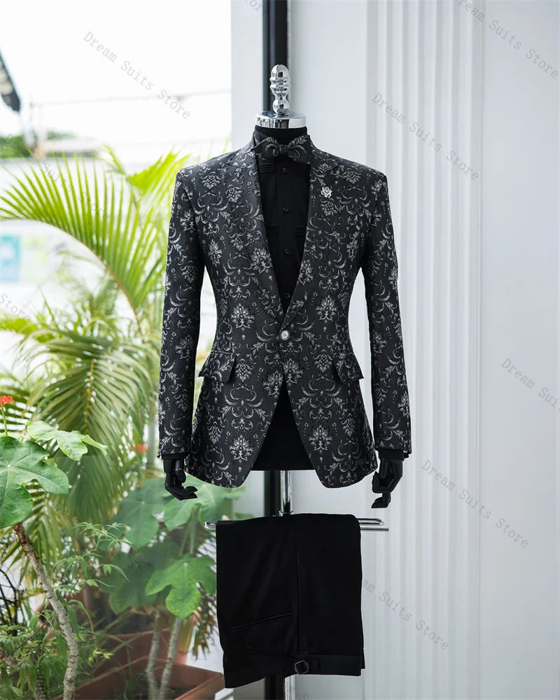 Luxury Jacquard Men Suit Set 2 Piece Blazer+Pants Trousers Black Customized Formal Office Jacket Groom Wedding Tuxedos Prom Coat