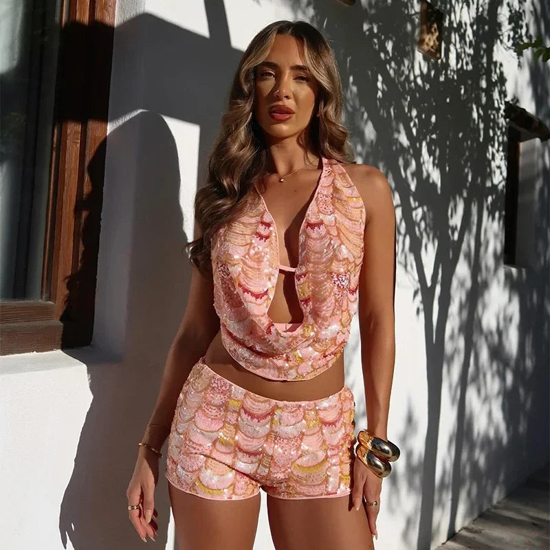 Sexy Sequined Beach Shorts Sets Women Shiny Contrast Halter Backless Crop Top Slim Short Pants Summer Holiday Outfits Lady