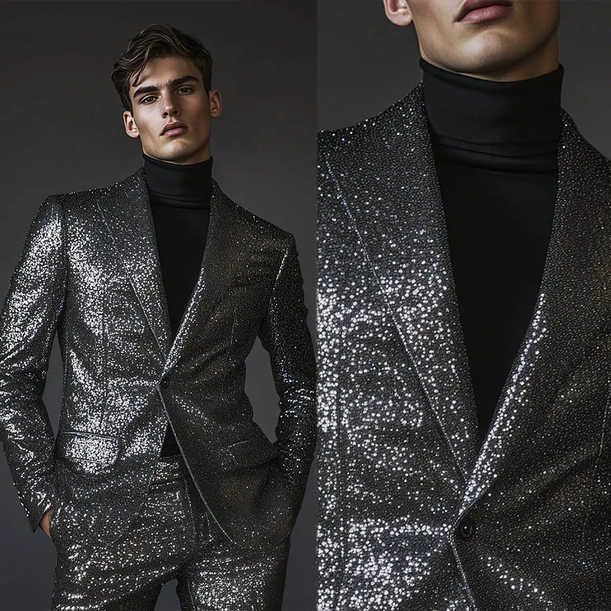 Esmoquin de boda para hombre con lentejuelas brillantes, solapa de pico negra, pantalones a medida, trajes para fiesta de cumpleaños, graduación, novio, 2 piezas