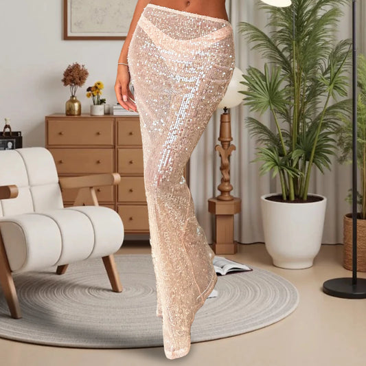 Women Summer Y2k Coquette Sexy Sequin Sheer Maxi Skirts Sparkly Elastic Waist See Through Long Bodycon Skirts for Party Club
