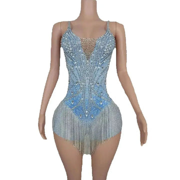 Sparkly Blue Silver Rhinestones Fringes Bodysuit Women Sexy Performance Dance Costume Nightclub Outfit Singer Dancer Stage Wear