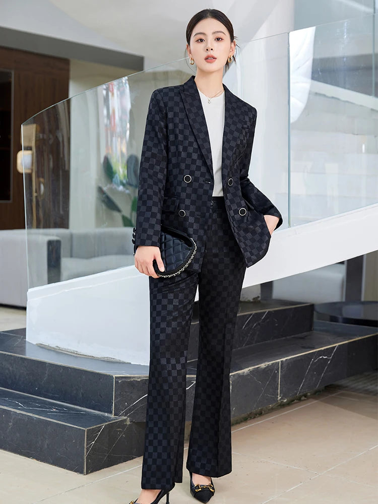 Fashion Ladies Formal Pant Suit Women Purple Pink Black Plaid Jacket and Trouser Female Business Work Wear 2 Piece Blazer Set