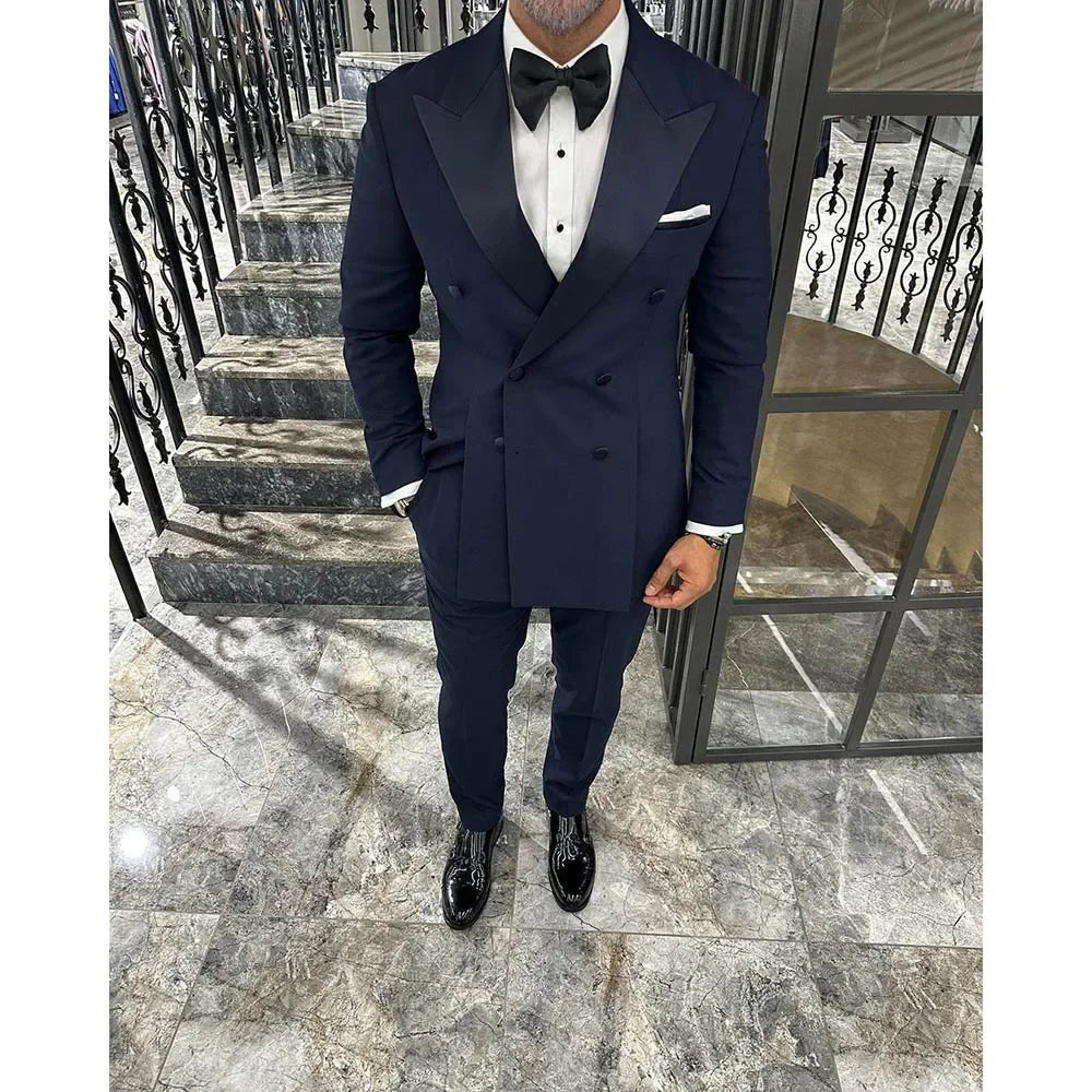 Men Wedding Suits Double Breasted Peak Lapel Tuxedos Groom Party 2 Pcs Blazer Pants Business Party Customized Suit