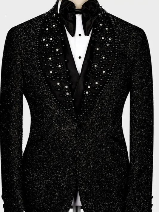 Luxury Wedding Tuxedos Beaded Pearls Single Breasted Men Suit Shawl Lapel 1 Piece Set Jacket  Groom Blazers Customized