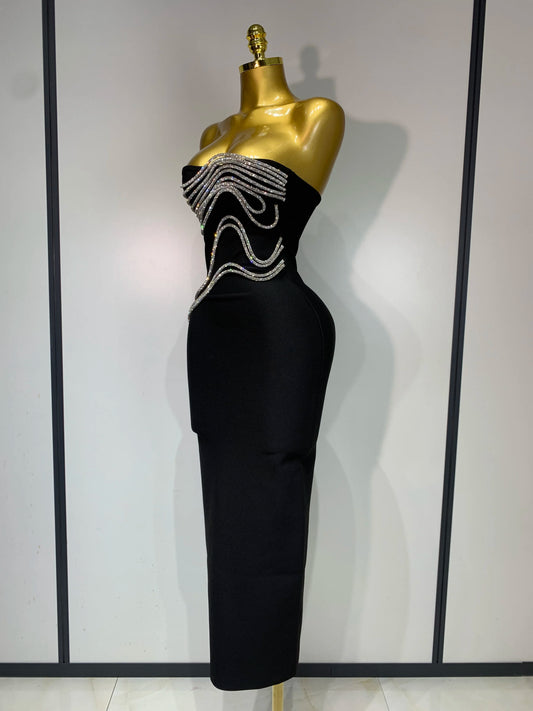 Women Sexy Strapless Diamond Lines Bodycon Bandage Long Dress Celebrity Red Carpet Dress Elegant Evening Birthday Party Dresses