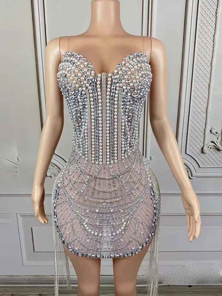 Vestido sexy sin tirantes con borlas de diamantes y cuentas de alta calidad, nueva moda, ropa personalizada para mujer 