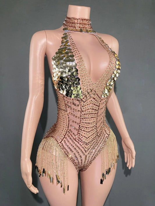 Body sexy à paillettes et strass scintillants et pompons, col en V profond, tenue de danse sur scène, tenue de discothèque pour femme 