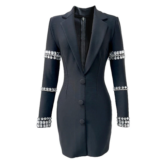 New Fashion Black Color Women Long Sleeve Sexy V-Neck Bodycon Mini Bandage Dress Crystal Fashion Nightclub Party Outfit