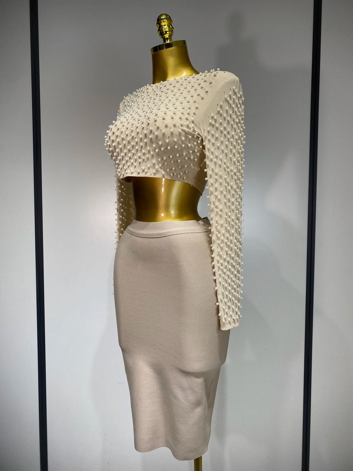 Women Sexy Long Sleeve Mesh Pearl Top Celebrity Midi Women Bandage Set Designer Evening Party Luxury Birthday Two Piece Set