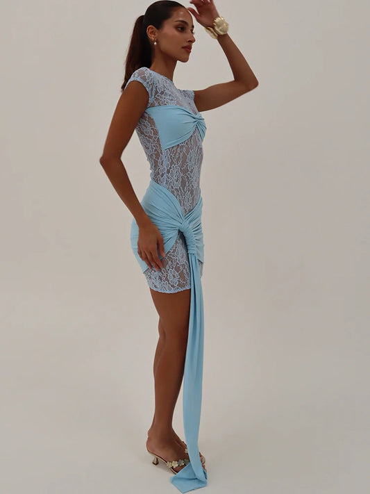Patchwork Sexy Sheer Lace Women Dress Blue Round Neck Bandage Dress Femme Spring Slim Elegant Party Clubwear Vestidos