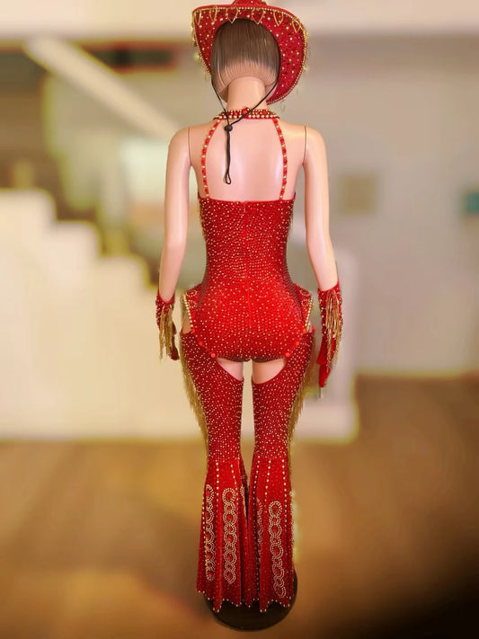 Body rouge scintillant à strass pour femme, ensemble 4 pièces, tenue de soirée, de spectacle, de cabaret, de carnaval, de danseuse, sexy