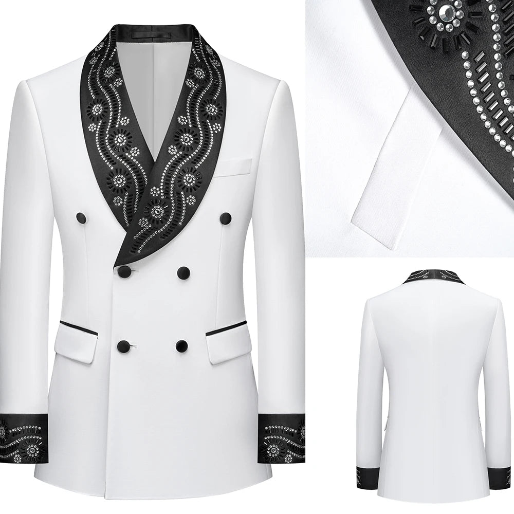 Modern Men Suits Tailor-Made 2 Pieces Set Jacket Shawl Lapel Blazer Beaded Double Breasted Groom Customized Coat Pants
