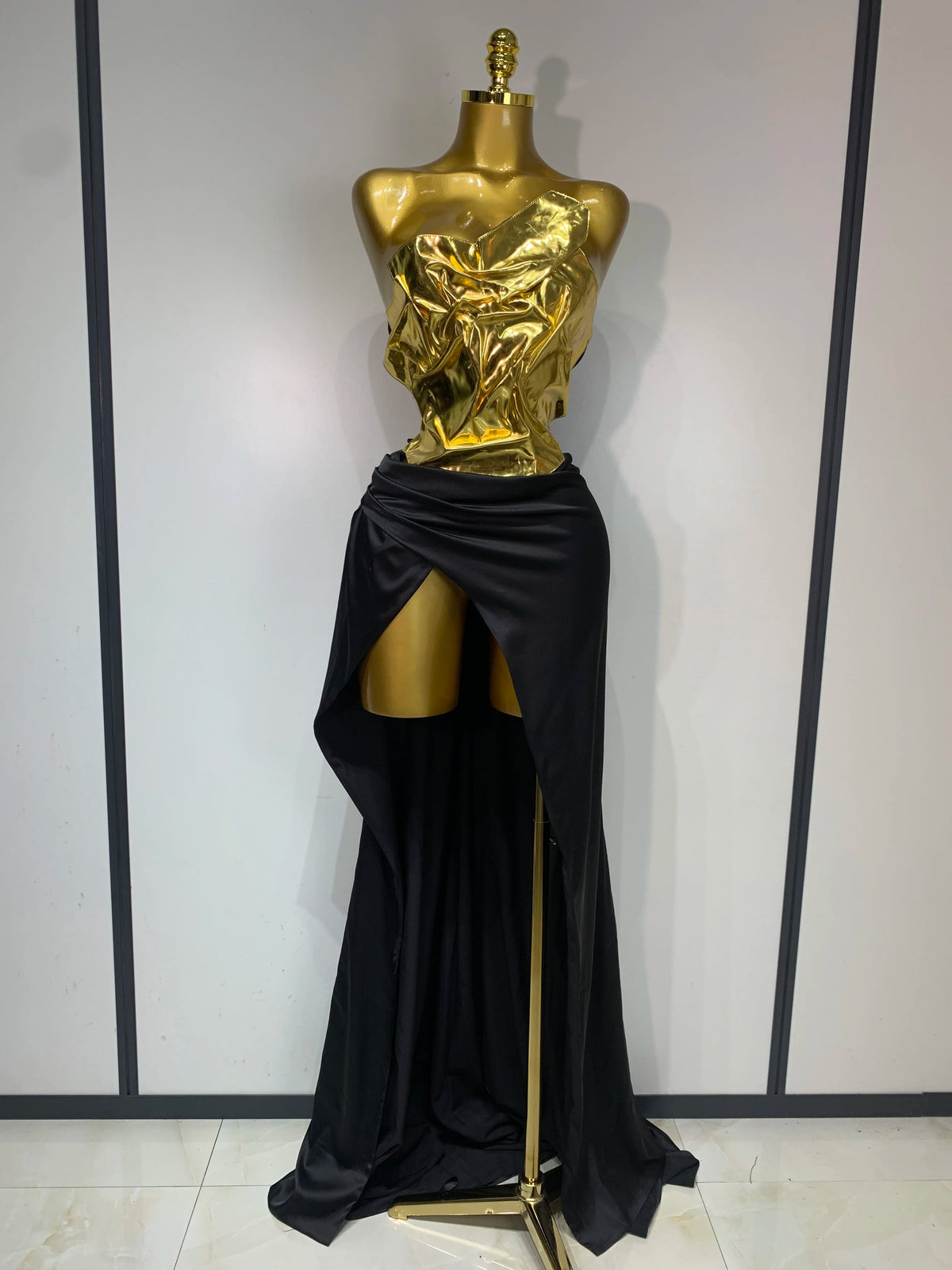 Women Gold Color Sexy Laced-up Tops 2 Pieces Set Long Dress Celebrate Evening Party Celebrity Elegant Dress