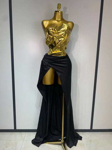 Women Gold Color Sexy Laced-up Tops 2 Pieces Set Long Dress Celebrate Evening Party Celebrity Elegant Dress