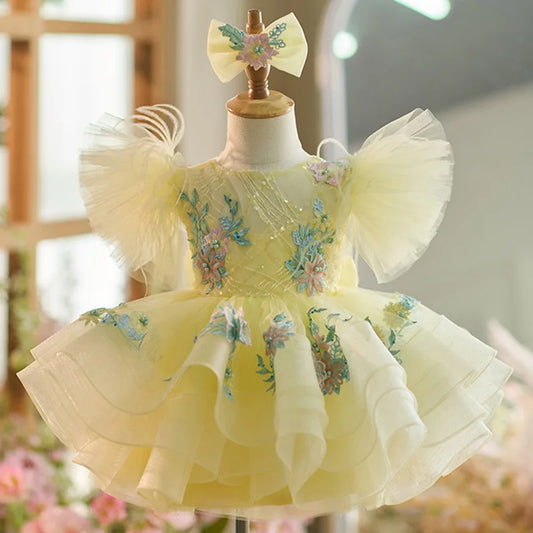 Nuevo vestido para niña pequeña, vestido para fiesta de cumpleaños, exquisito y único, falda de pastel con mangas abullonadas
