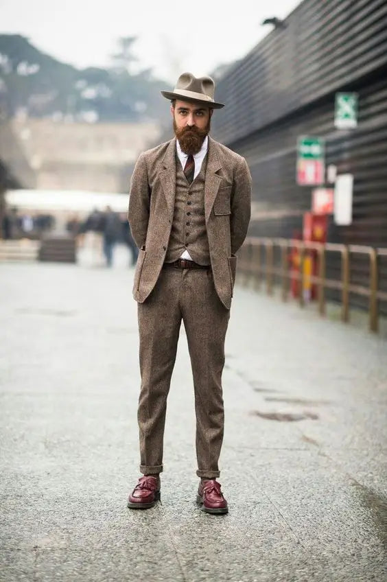 Costume de haute qualité pour homme, costume rétro en tweed marron, costume de mariage classique pour homme, blazer de marié personnalisé, coupe ajustée, smoking 3 pièces