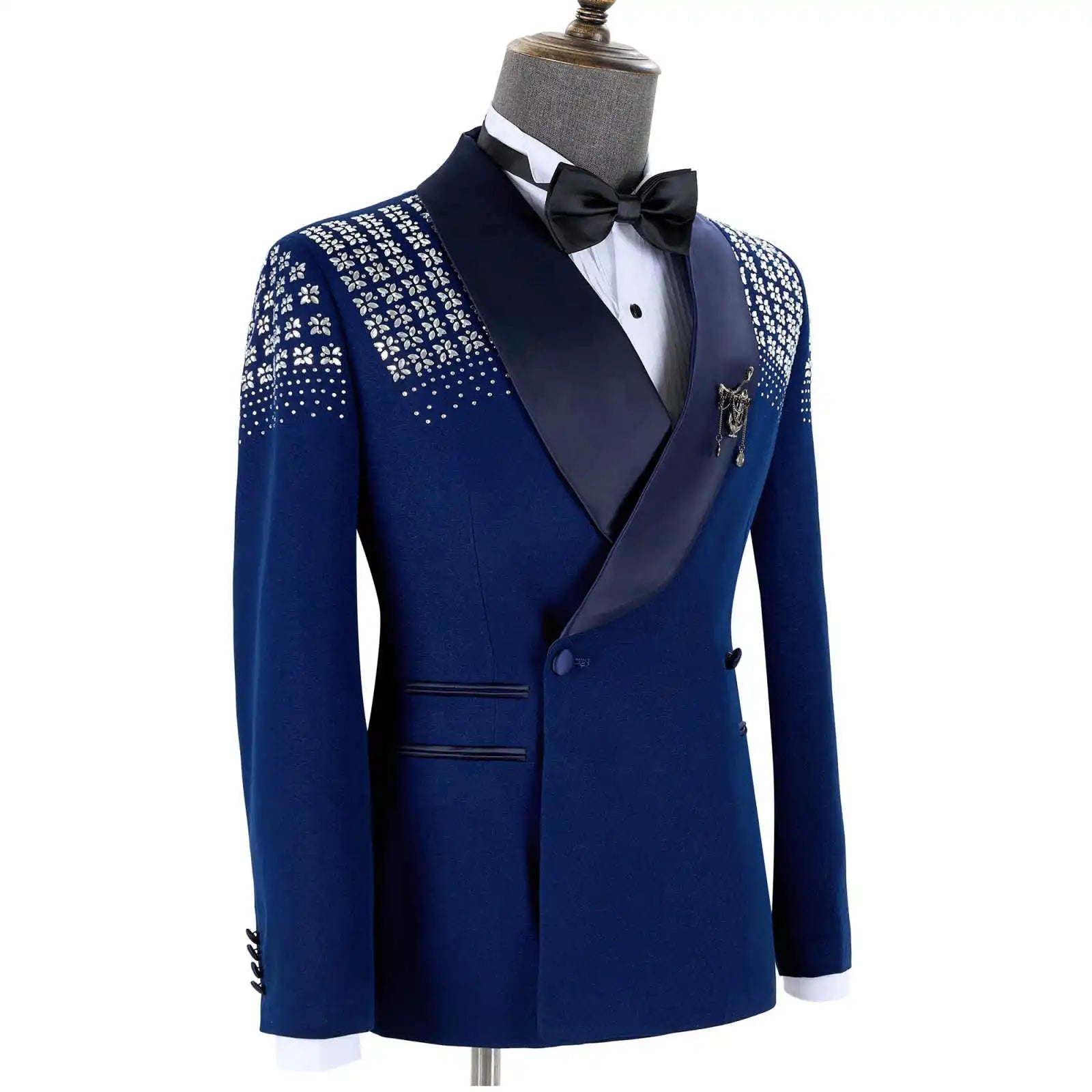 Handmade Beading Men Jacket Beaded Diamonds Double Breasted Prom Wedding Tuxedos Groom Wear Plus Size Costume Homme One Piece