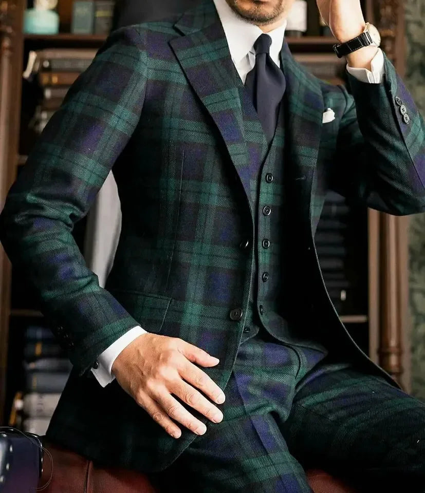 Plaid Classic Men Wedding Suits Notched Lapel Single Breasted Tuxedos Groom Party 3 Pcs Blazer Pants Vest Customized Made