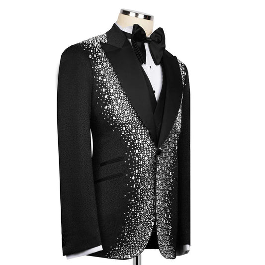 Customized Style Men Suits 3 Pieces Sets Diamond Male Dinner Prom Blazers Jacquard Groom Tuxedos Slim Fit Costume Homme
