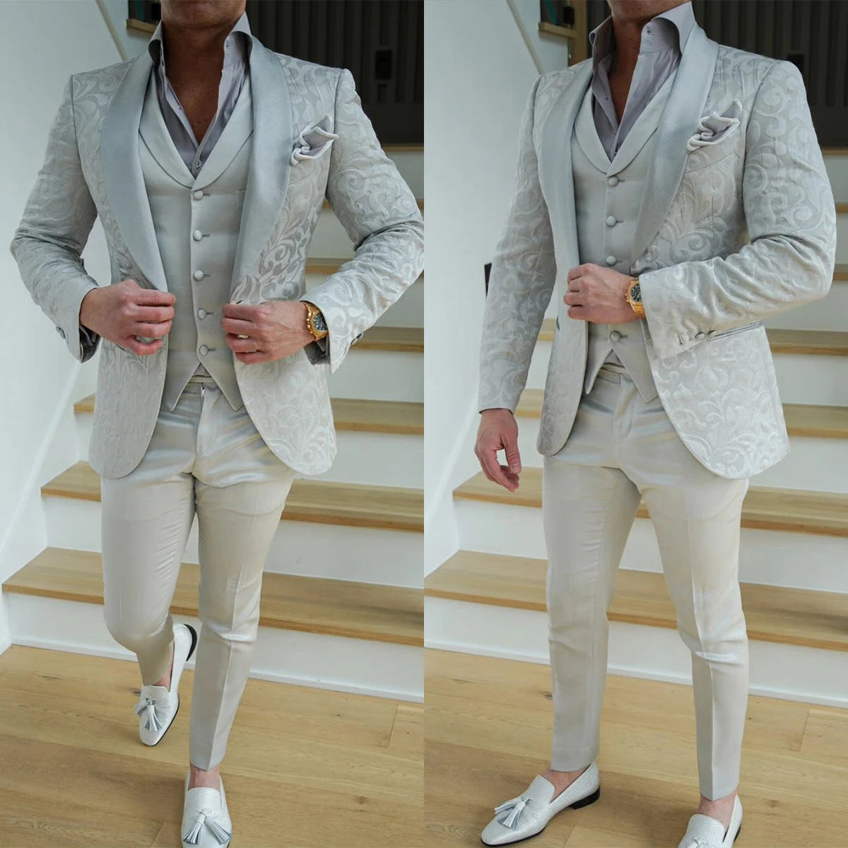 Elegant Wedding Suits 3 Pcs for Men Shawl Lapel Groom Wear Slim Fit Prinstriped Tuxedos Evening Party