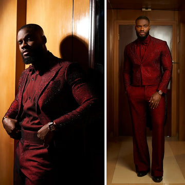 Gltter Red Men Suits with Beaded Crystals Hot Fix Groom Tuxedos 2 Pieces Blazer Pants Sets Male Wedding Ropa Hombre Customized