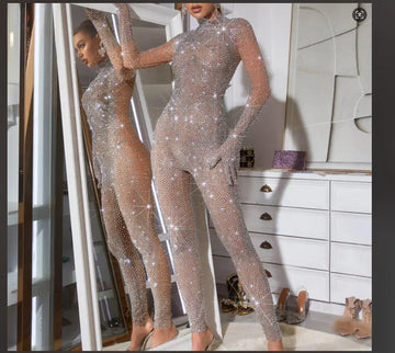 Rhinestone Mesh Jumpsuit in Silver Luxury Women Singer Birthday Party Stage Show Performance Dancer Team Outfit