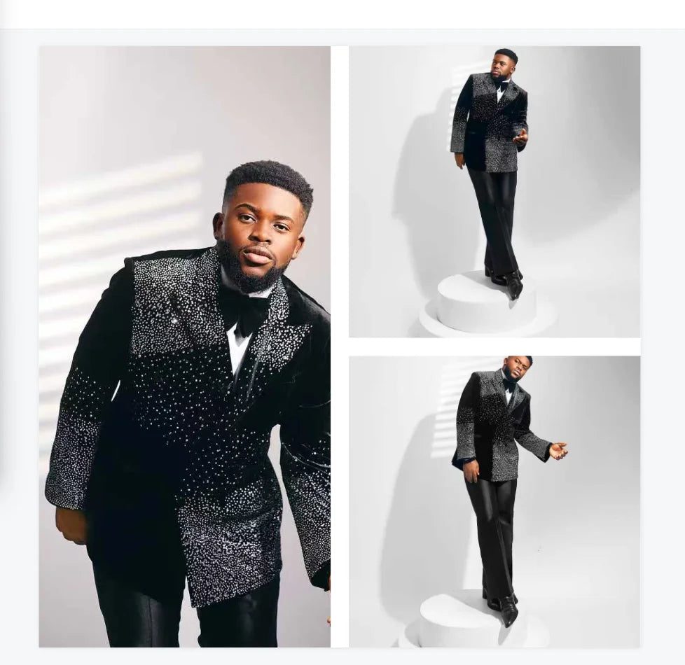 Luxury Crystals Stone Men Suit Set 2 Piece Blazer+Pants Trousers Customized Formal Office Jacket Groom Wedding Tuxedos Prom Coat