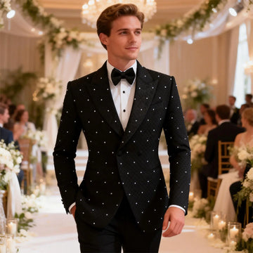 Shiny Metal Embellished Men Suits Peaked Lapel Groom Tuxedos 2 Pieces Sets Wedding Blazers Outfit Slim Ropa Hombre Customized