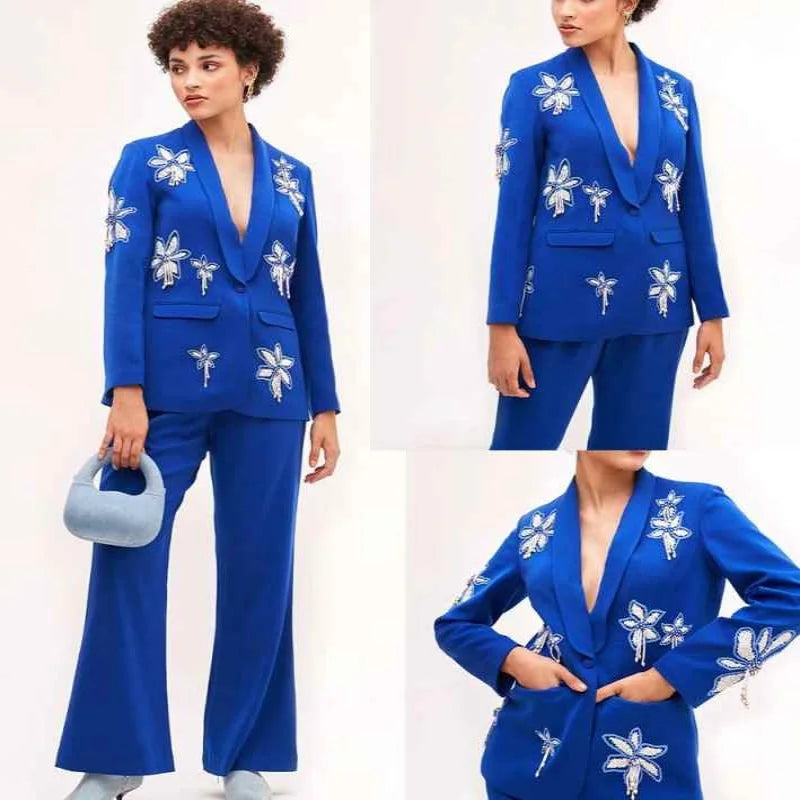 Fashion Customized 2 Pieces Women Suits Crystal Beadeds Office Ladies Work Classic Fit Birthday Party Outfits
