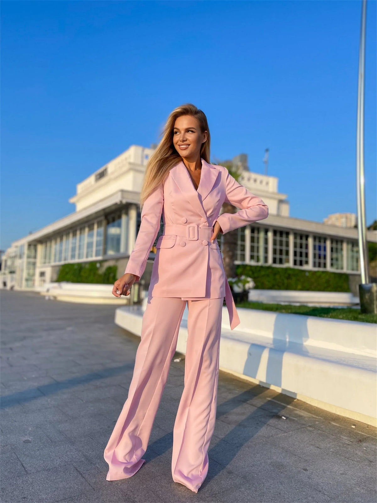 Fashion Pink Women Suits Simple Peaked Lapel Jacket With Belt 2 Pieces Wide Legs Pants Blazer Daily Casual Wear Coat