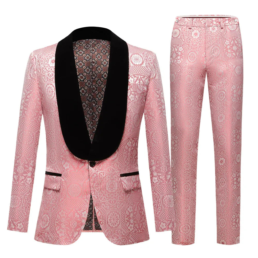 Conjunto de traje de jacquard para hombre, franela verde, cuello de fruta, chaqueta de dos piezas multicolor 