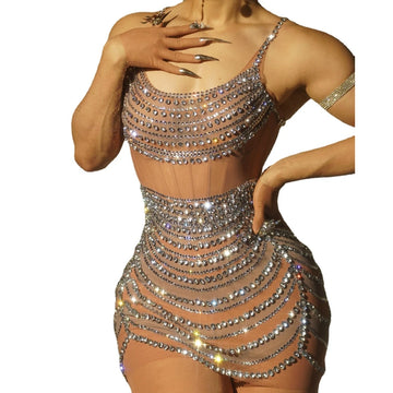 Sparkly Rhinestones Sleeveless Short Dress Women Sexy Mesh See Through Party Celebrate Birthday Dress Performance Stage Wear
