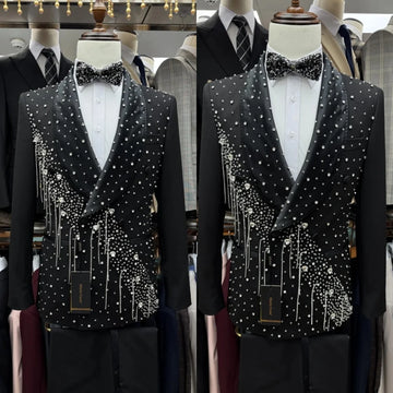 Elegant Men Suits Rhinestone Shawl Lapel Tailor-Made 2 Pieces Set Tassel Double Breasted Groom Blazer Customized Jacket Pants