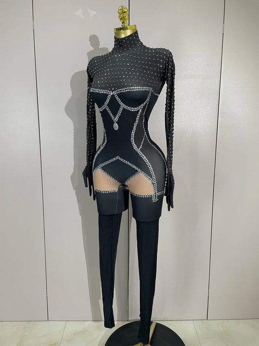 Women Sparkly Diamond Sexy Long Sleeves Jumpsuit Nightclub Bar Party Show Gogo Dancer Clothing Drag Queen Outfit Stage Costume
