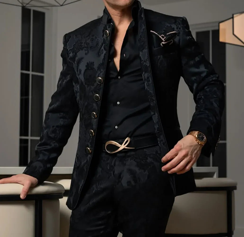 Formal Men's Suits 2 Pieces Blazer Pants Stand Collar Black Jacquard Set for Wedding Dinner Party Custom Tuxedos