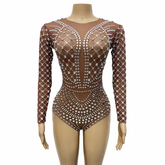 Sparkly Rhinestone Brown Mesh Bodysuits Women Crystal Catsuit Party Singer Stage Performance Costume Club Sexy Outfit