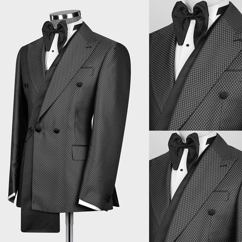 Unique Men Suits Grid 2 Pieces Set Tailor-Made Check Jacket Blazer Triple Breasted Groom Customized Coat Pants