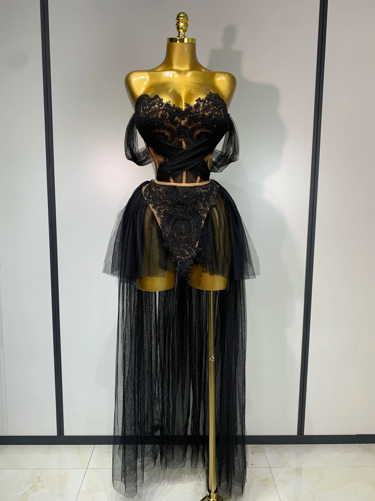 Sexy Cute Mesh Tops Skirt 2 PCS Set Women Celebrate Party Birthday Nightclub Performance Stage Show Outfit