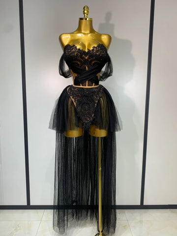 Sexy Cute Mesh Tops Skirt 2 PCS Set Women Celebrate Party Birthday Nightclub Performance Stage Show Outfit