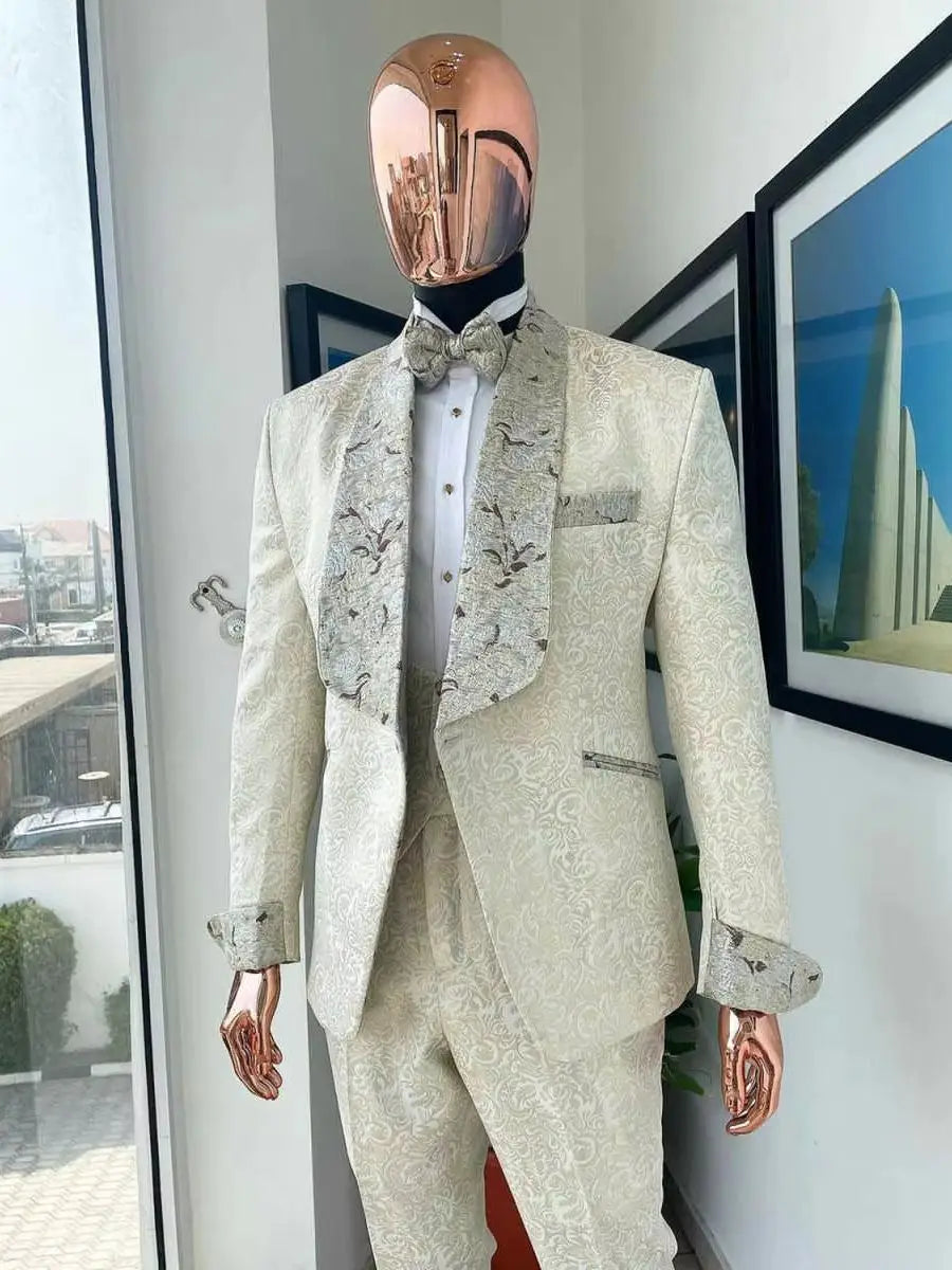 Elegant Wedding Tuxedos Jacquard One Button Men Suit Shawl Lapel 3 Piece Set Jacket Vest Pants Evening Groom Blazers Customized