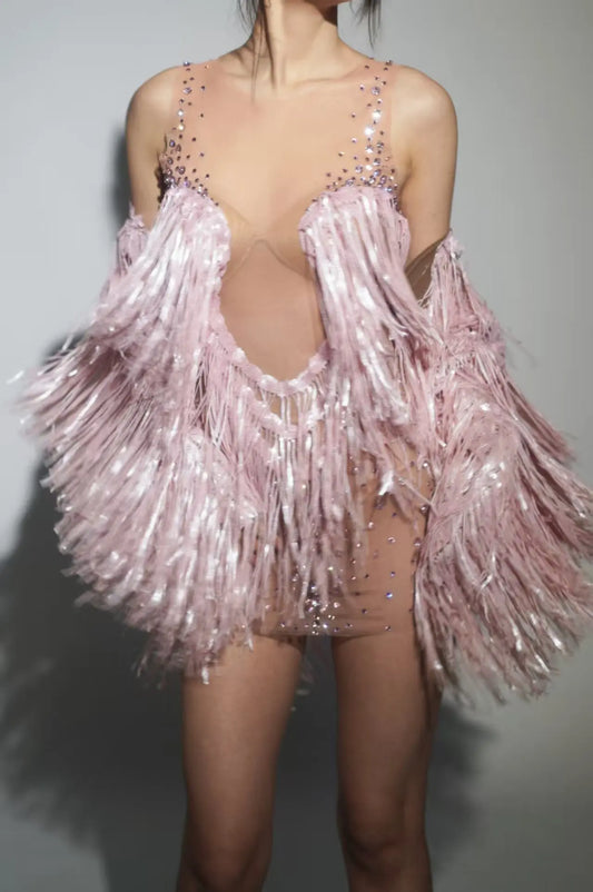 Sexy Birthday Dance Costume Singer Stage Wear Sparkly Rhinestones Sequins Tassels Short Dress with Shawl 2 Pieces Set
