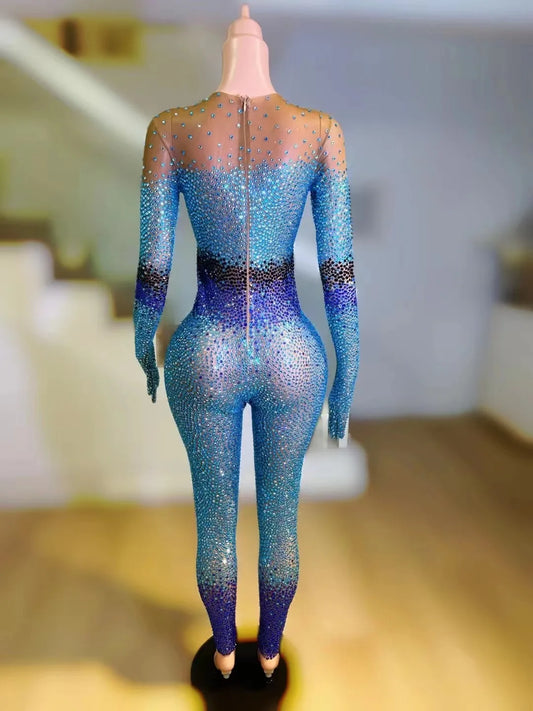 Sparkly Blue Rhinestones Jumpsuit Women Stretchy Bodysuit Nightclub Party Outfit Singer Dancer Performance Photoshoot Costume