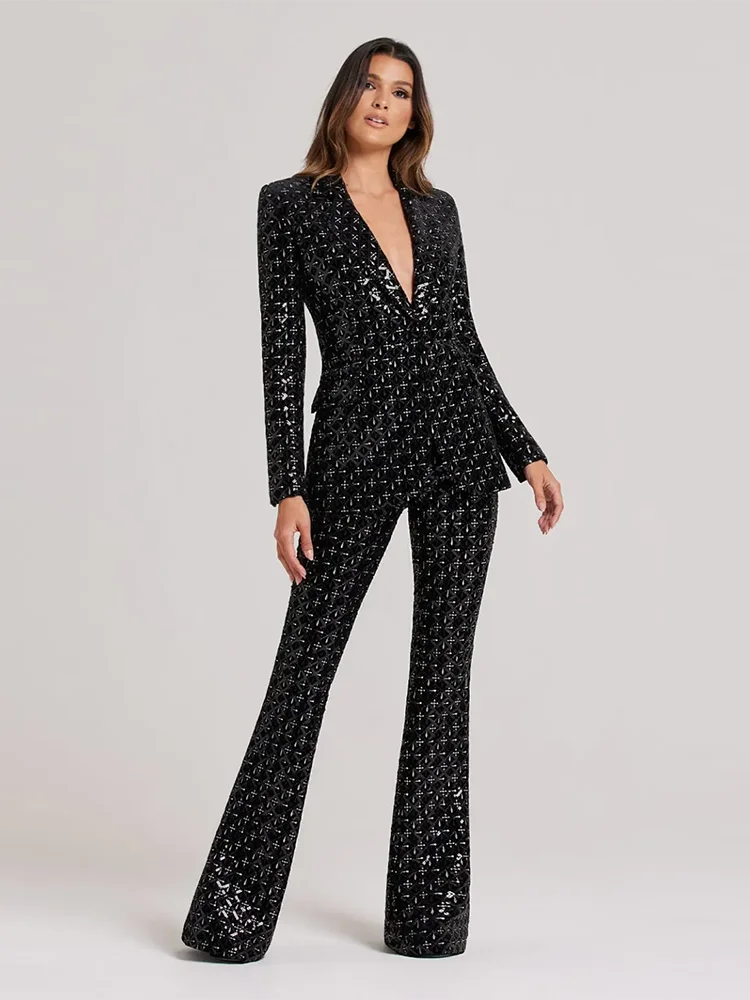 Elegant Black Sequin Two-Piece Set for Women - Shiny Blazer with Wide Leg Pants, Perfect for Evening Parties