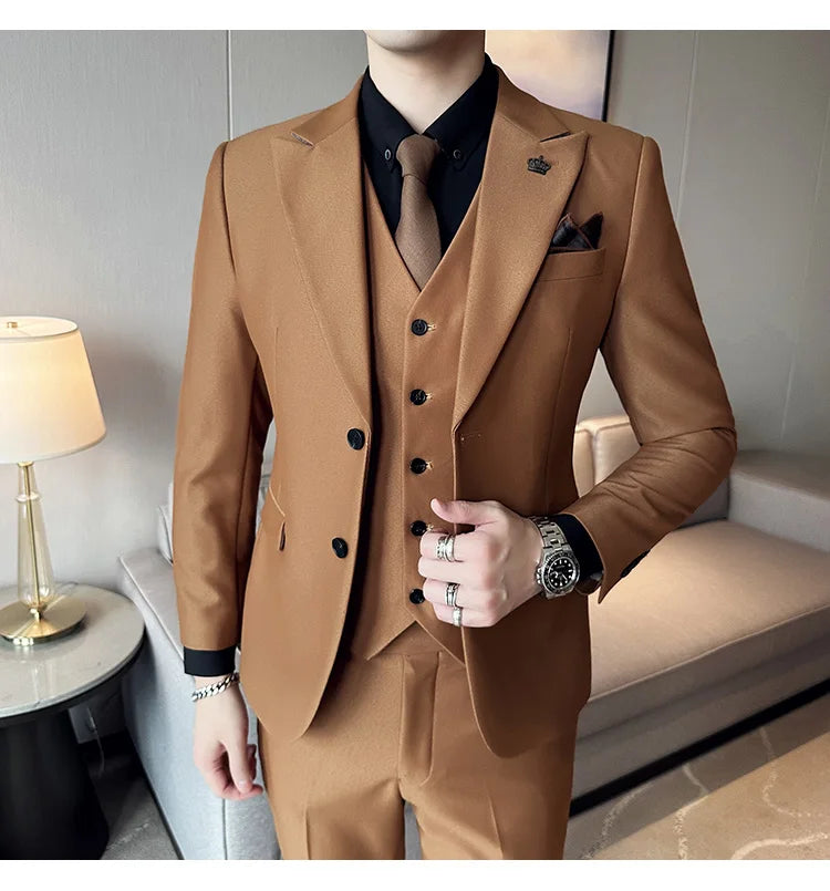 (Chaqueta + chaleco + pantalones) Traje de lujo de primavera para hombre, traje formal para novio, esmoquin de boda, traje ajustado para fiesta de trabajo, 3 piezas